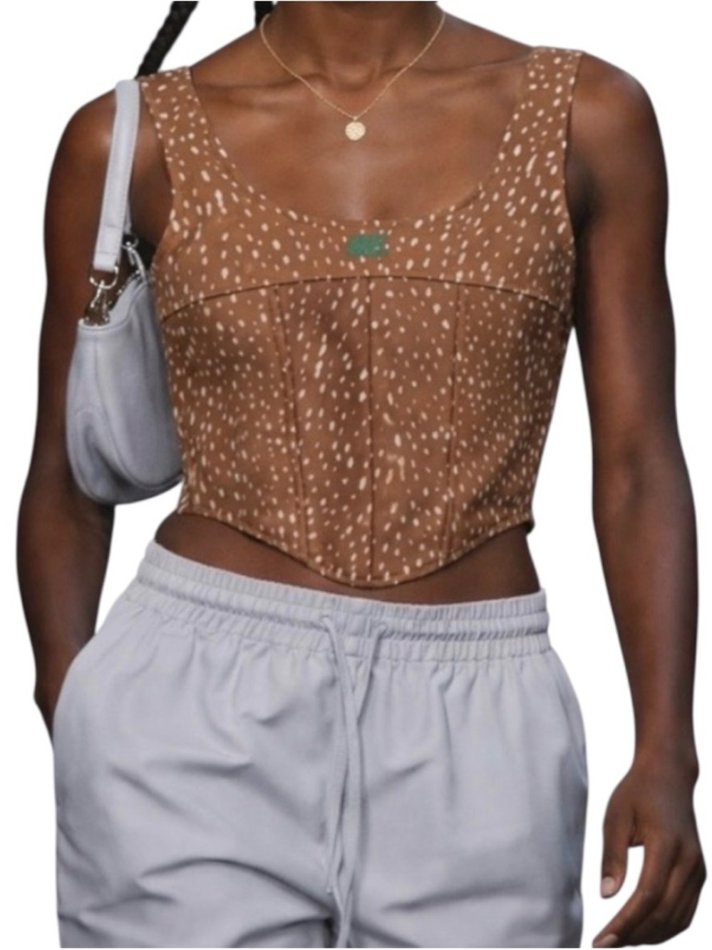 Melody Ehsani Corset Crop Top Size Large Cropped Brown White Animal Print